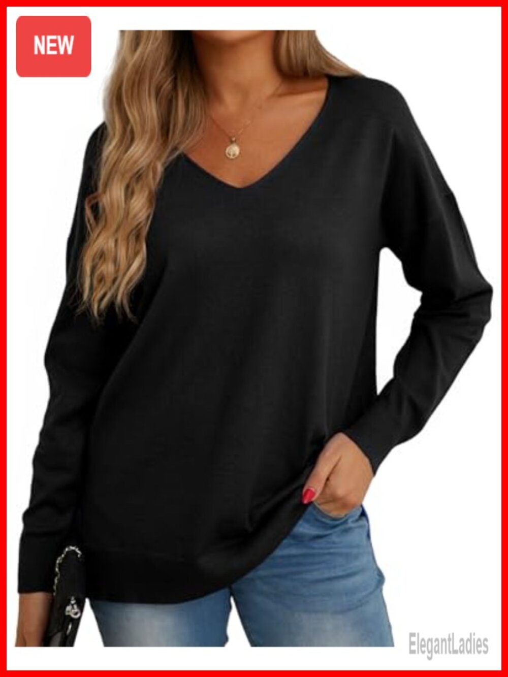 Women's V-Neck Long Sleeve Side Split Loose Knit Pullover Sweater